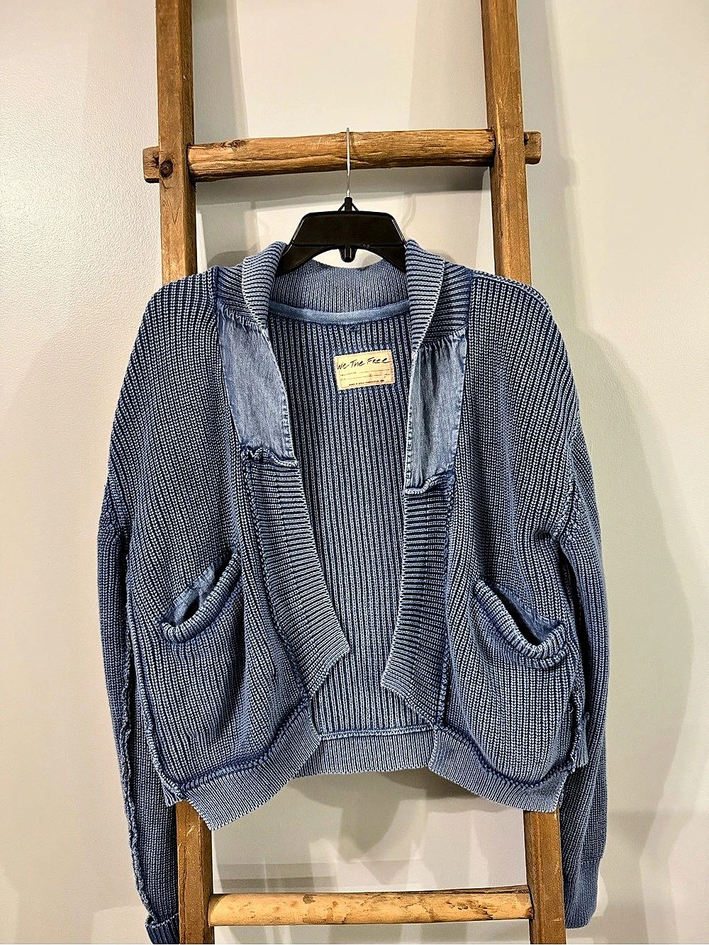 Free People We The Free Heritage Patchwork Cardigan Sweater Indigo Denim Blue S